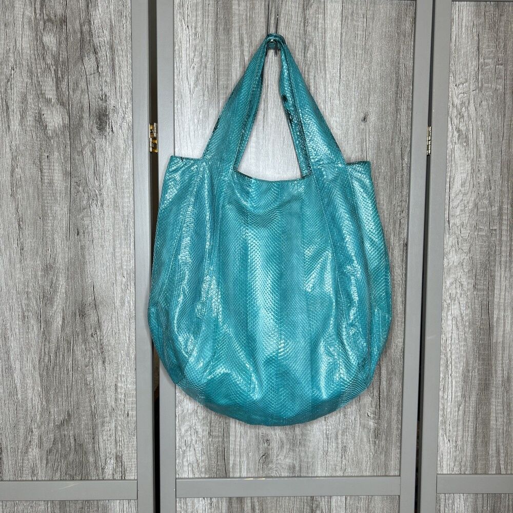 Beirn Blue Snake Skin Purse Made In Indonesia Double Handle Boho Tote Bag